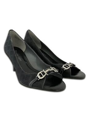 Etienne Aigner Pattern 6.5 M Open Toe Heels Black Silver Buckle Detail Shoes